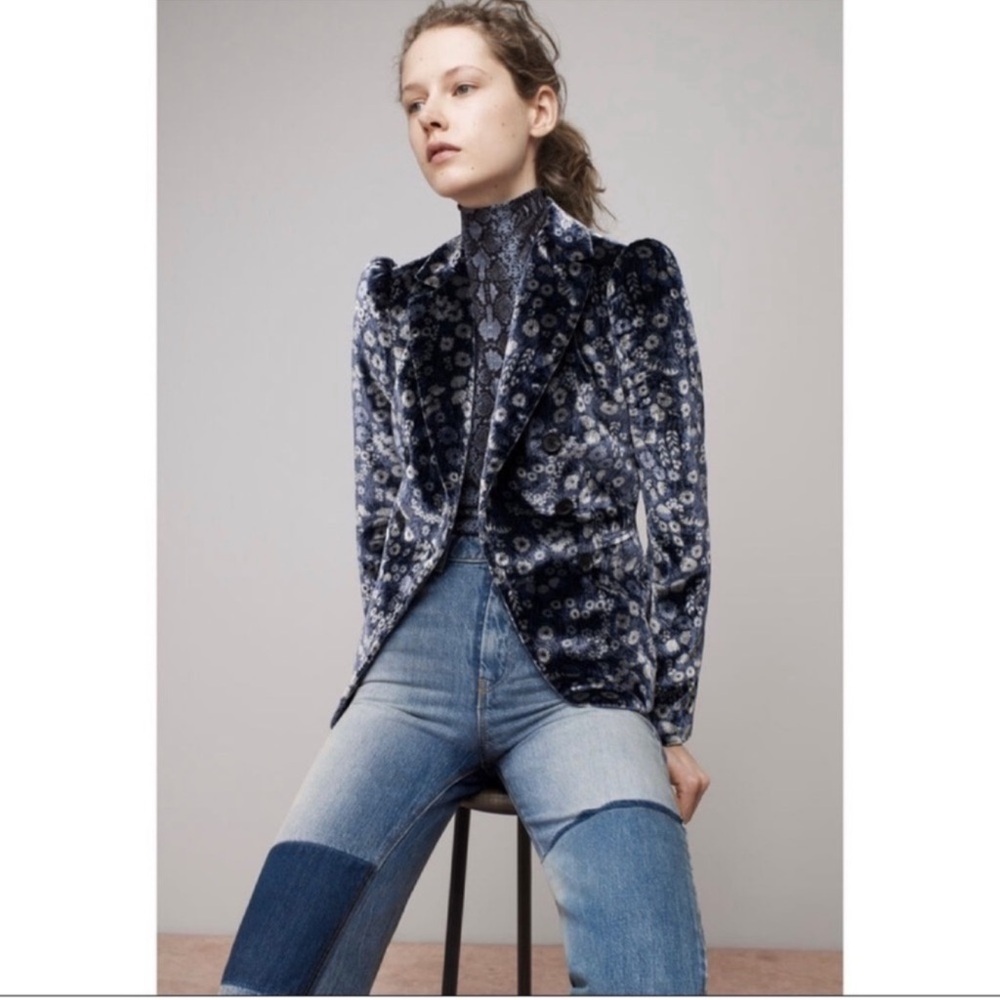 Rebecca Taylor Navy Floral Velvet Blazer